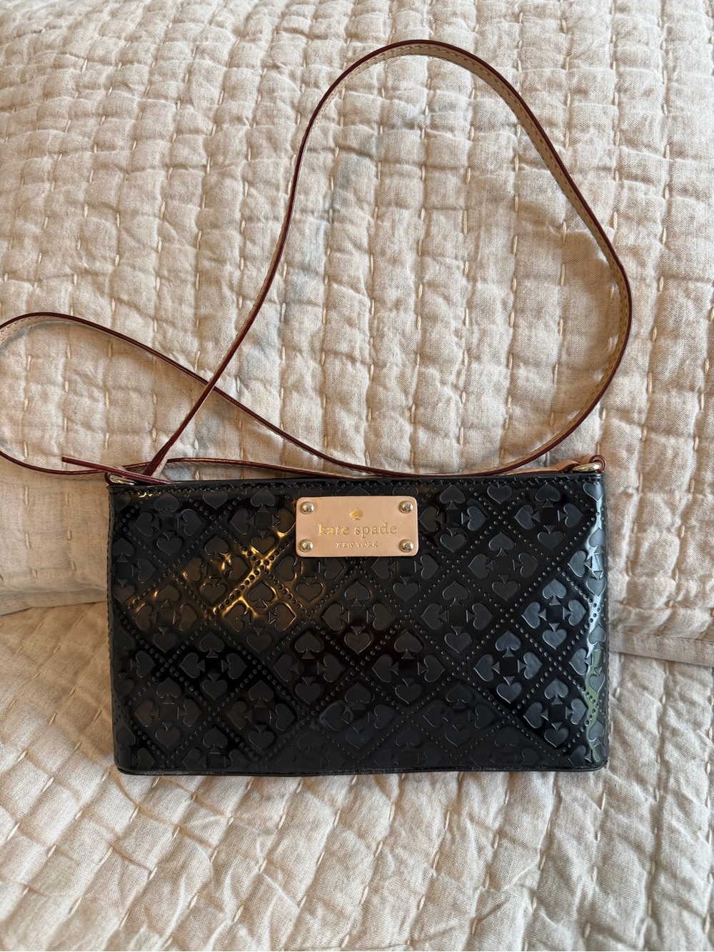 kate spade Black Patent Embossed Crossbody with Brown Strap 10x5.5
